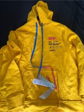 Off-White Yellow Hoodie with Blue Drawcords